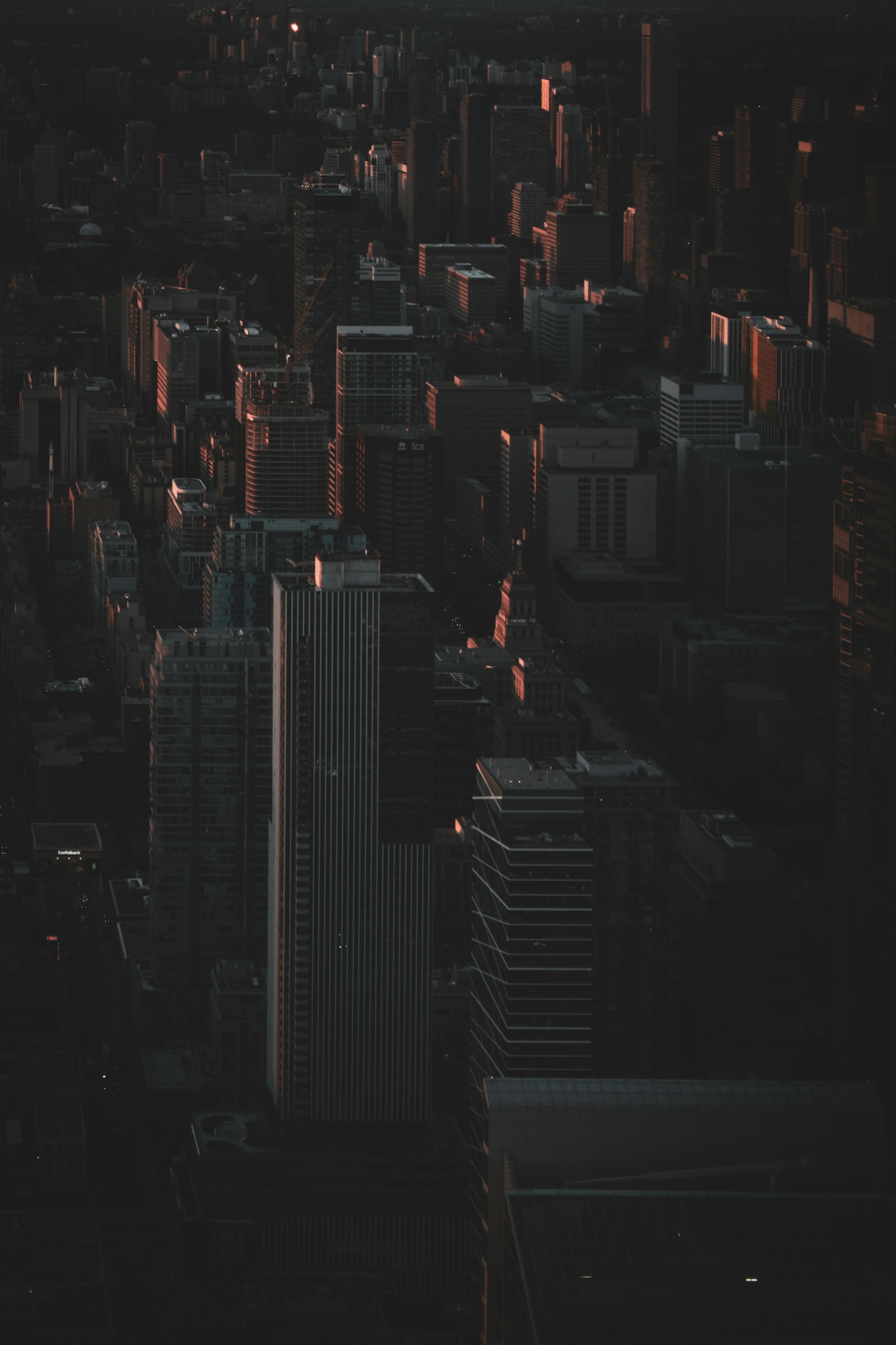 A sleek cinematic frame capturing a dramatic cityscape at dusk, with deep shadows and vibrant highlights.