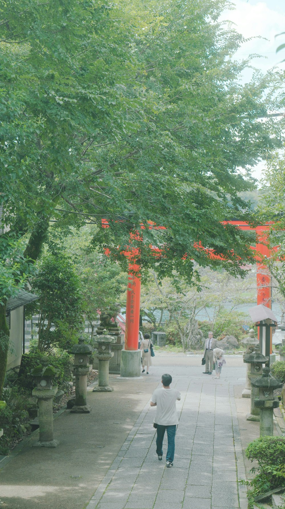 a person walking down a walkway in a park