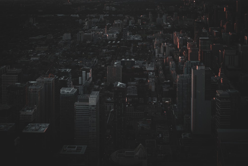 an aerial view of a city at night