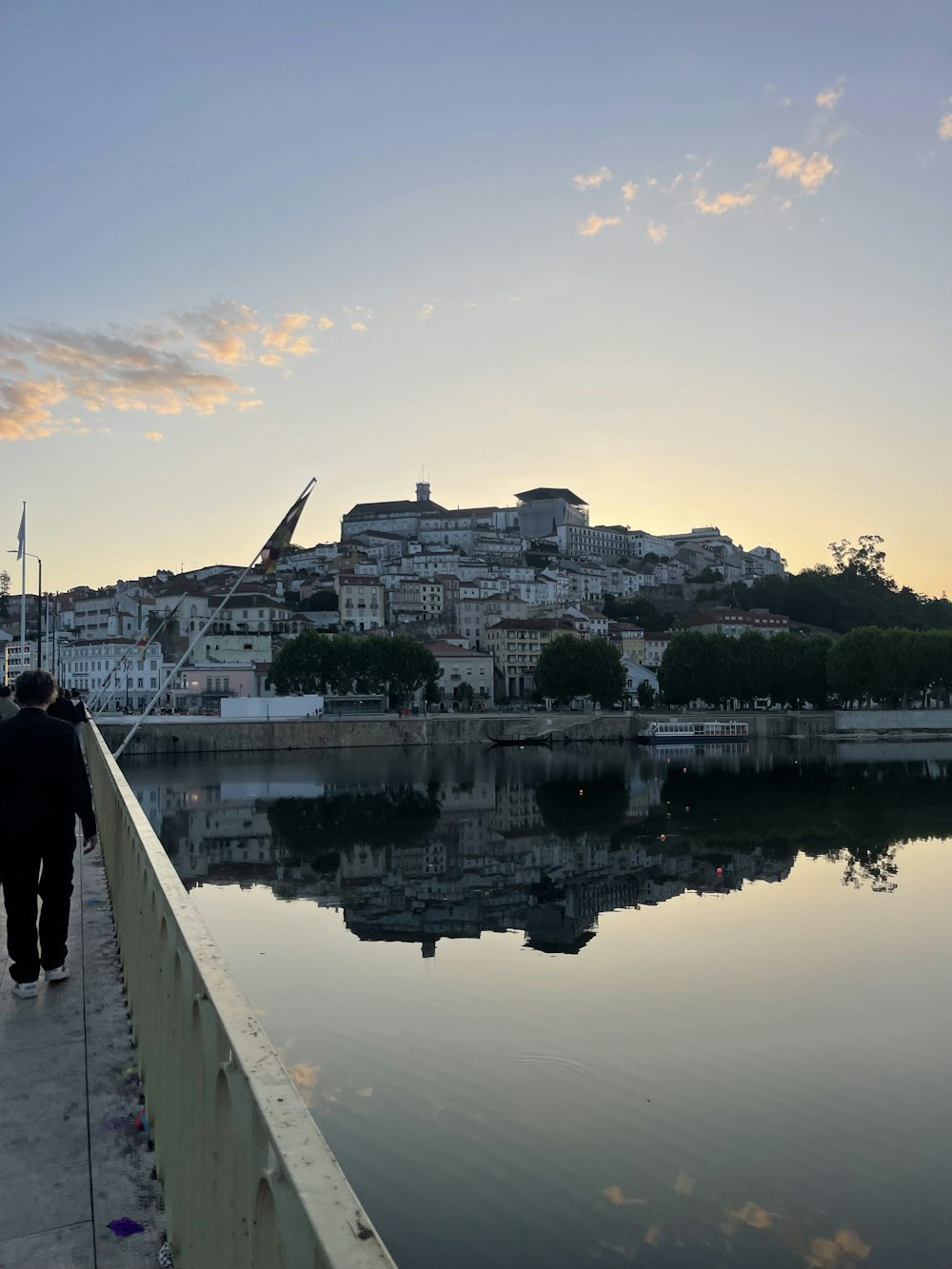 a man walking on a bridge over a body of water