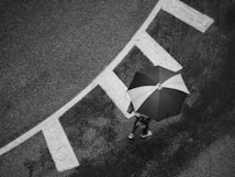 A person walks on a textured pavement holding a large umbrella, creating a stark contrast with a bold white line painted on the ground. The scene has a top-down perspective, offering a view of the circular and linear patterns formed by the pavement and the shadow cast by the umbrella.
