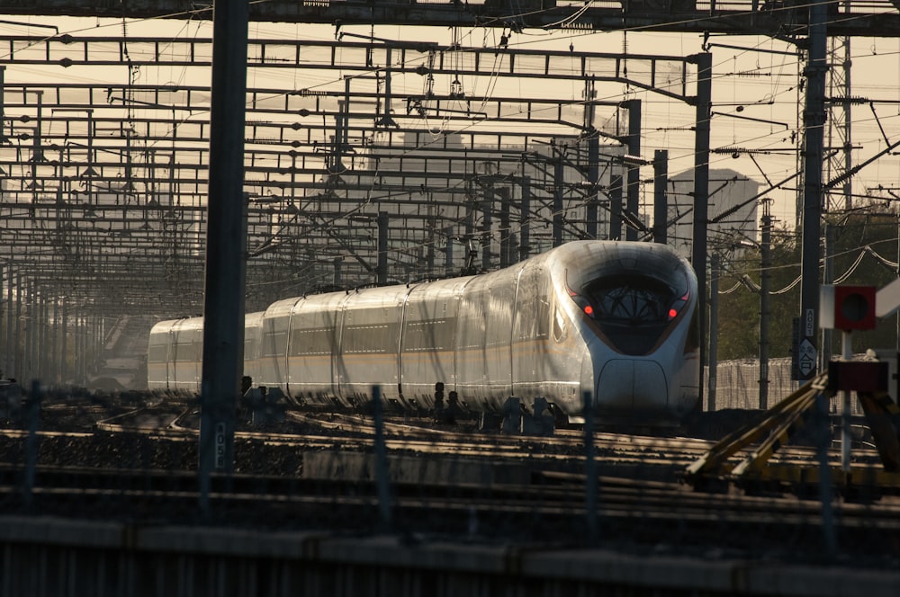 a white train traveling down train tracks next to a forest