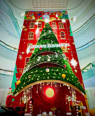 A festive classroom decorated with musical notes and instruments.
