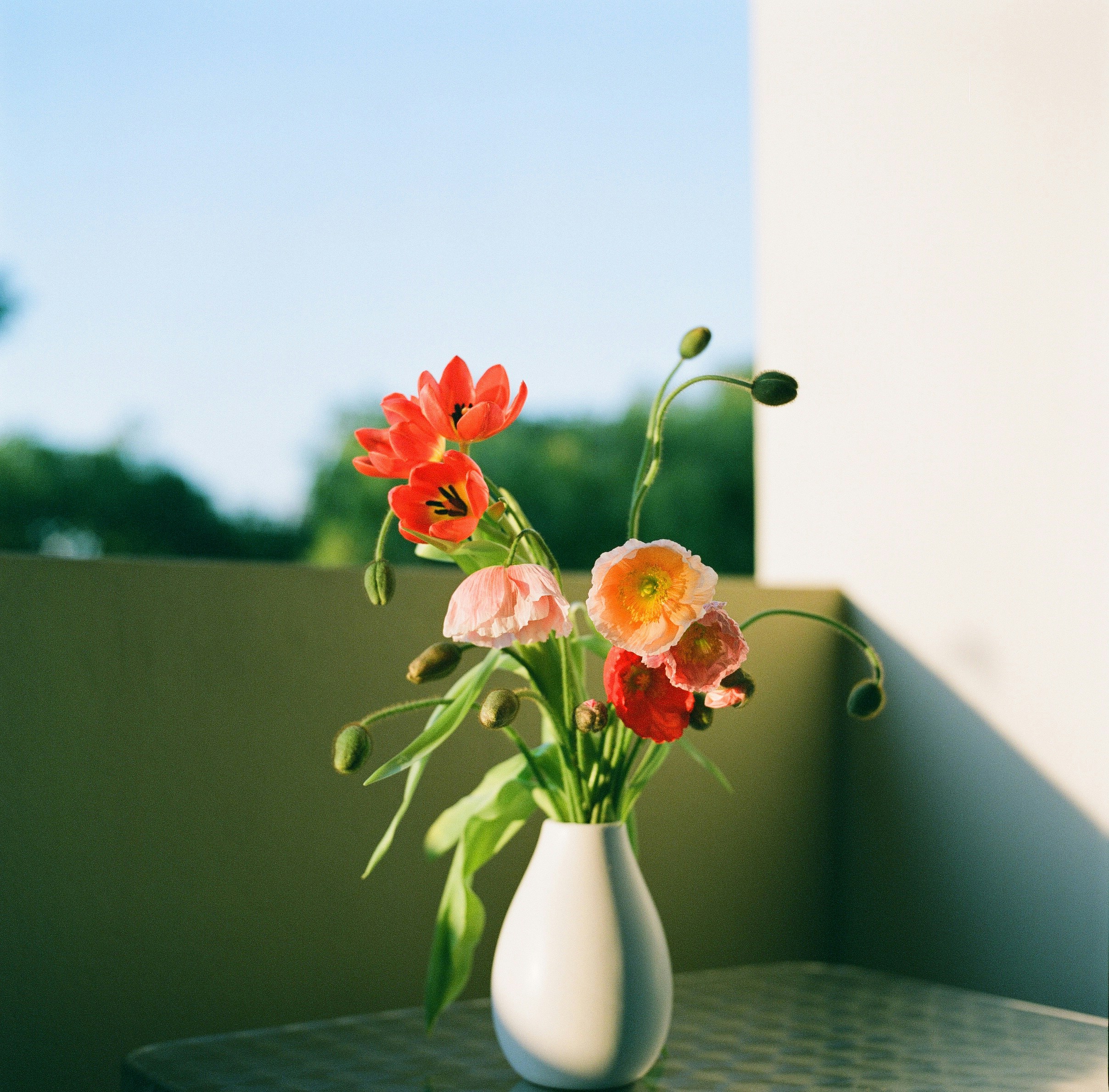 a white vase filled with flowers on top of a table