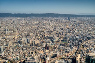 An expansive urban landscape stretches towards the horizon, showcasing a densely packed city with numerous buildings ranging from low-rises to high-rise structures. The skyline is surrounded by distant mountains under a clear blue sky. Multiple roads and rail lines weave through the cityscape, indicating a well-connected infrastructure.