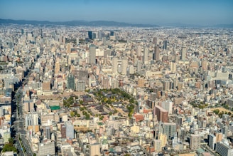 A sprawling urban landscape filled with a dense concentration of buildings, including skyscrapers and residential areas. There are visible green patches within the city, possibly parks or gardens. The overall architecture suggests a modern metropolis with a diverse range of structures.