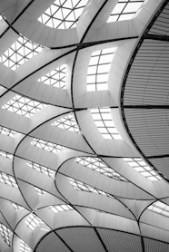 a black and white photo of a ceiling