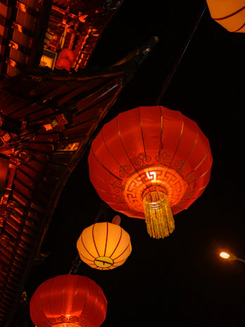 A vibrant photo capturing a traditional Chinese festival with lanterns lighting the night sky.