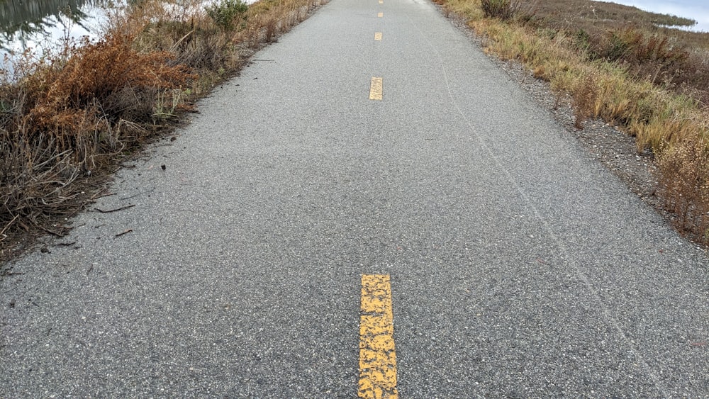 an empty road with a yellow line painted on it