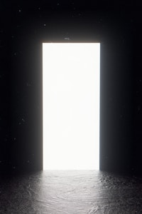 A bright white door-like opening in a dark environment, with a textured surface on the ground leading towards the light.