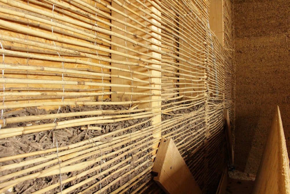 a close up of a bamboo window covering