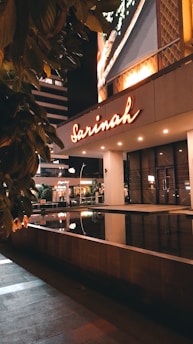 A nighttime scene at the entrance of a modern building with a prominent illuminated sign reading 'Sarinah'. The building features a reflective water pool in front and is surrounded by lush green foliage. The area is well-lit, creating contrasts of light and shadow.