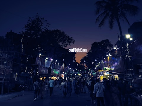 Solar street lights illuminating a busy market street at dusk.