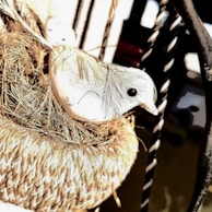 A decorative bird model with realistic features sits nestled within a nest made of intertwined straw or twine, placed against a blurred background with soft light and shadows.