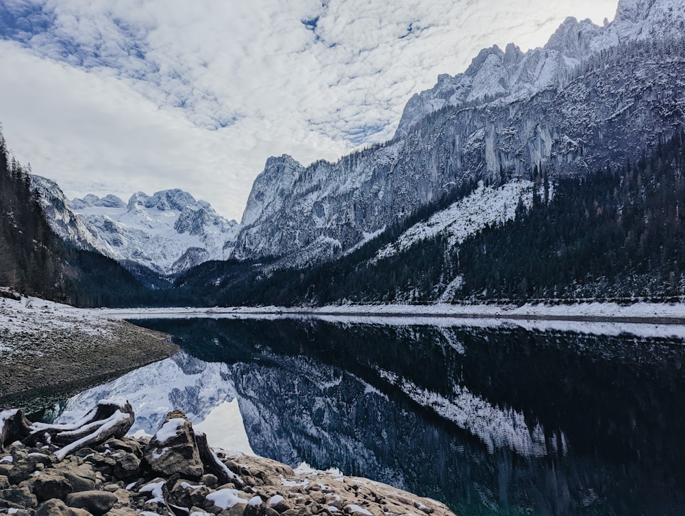 a mountain lake surrounded by snow covered mountains