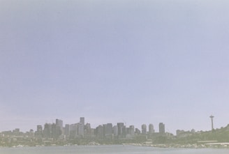 A city skyline with a prominent tower on the right side against a vast, clear sky. The skyline is positioned above a body of water, with various buildings of different heights.