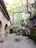 A rustic patio with stone flooring and arched stone walls. It is surrounded by lush greenery, including trees with thick branches and bushes. There is outdoor furniture, including a round table with chairs. String lights are wrapped around one of the trees, adding a cozy ambiance.