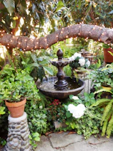 A serene garden corner featuring stylish black and white garden accessories from homelle.
