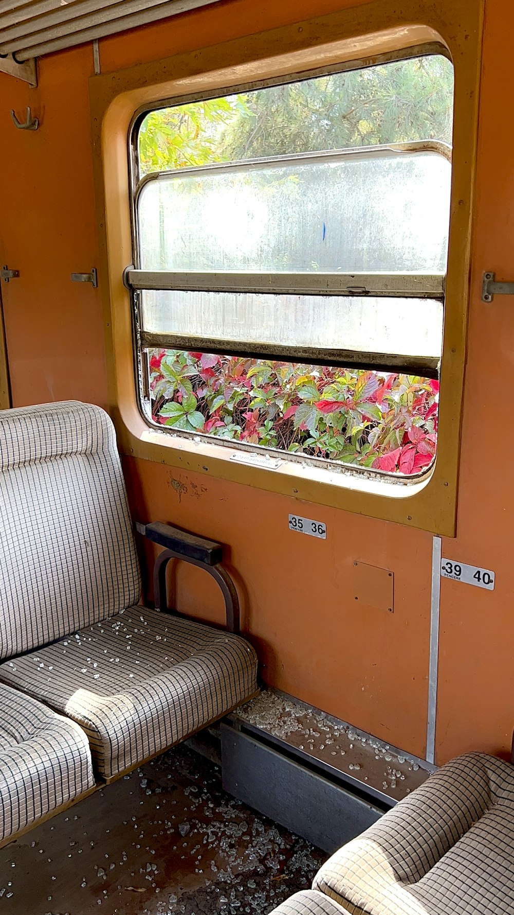 a train car with two seats and a window