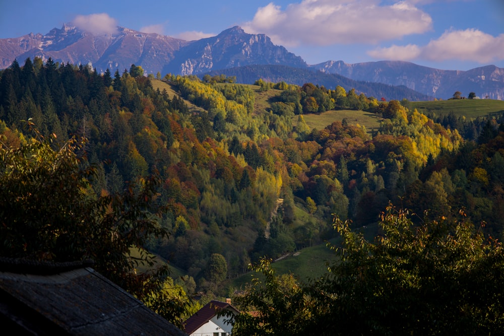 a view of a mountain range with a house in the foreground