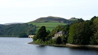 A serene landscape featuring a large body of water with a pebble-strewn shoreline in the foreground. On the right, there is a house surrounded by lush green trees. Rolling hills and patches of flat fields can be seen in the background, with a bridge visible between the trees to the left.