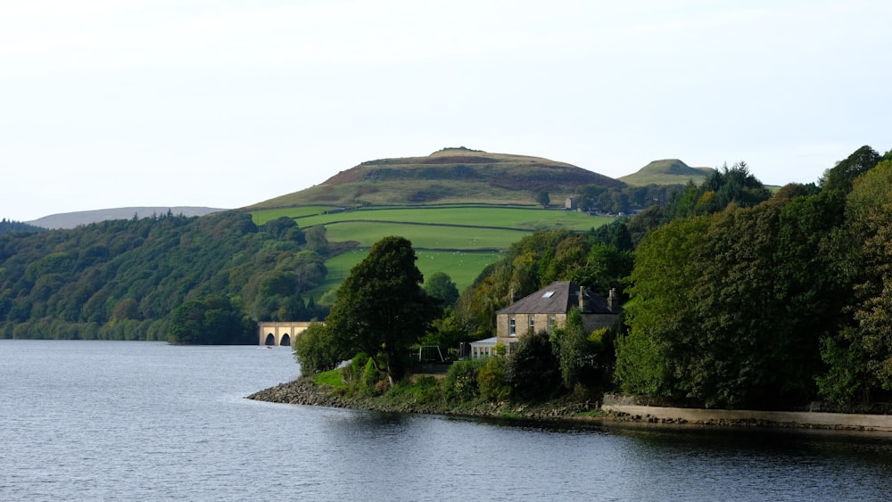 a body of water surrounded by a lush green hillside