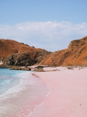 a beach with a pink sand and blue water