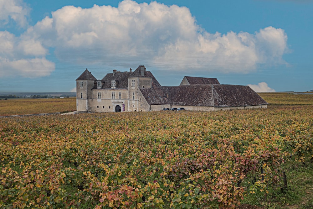 a large building sitting in the middle of a field