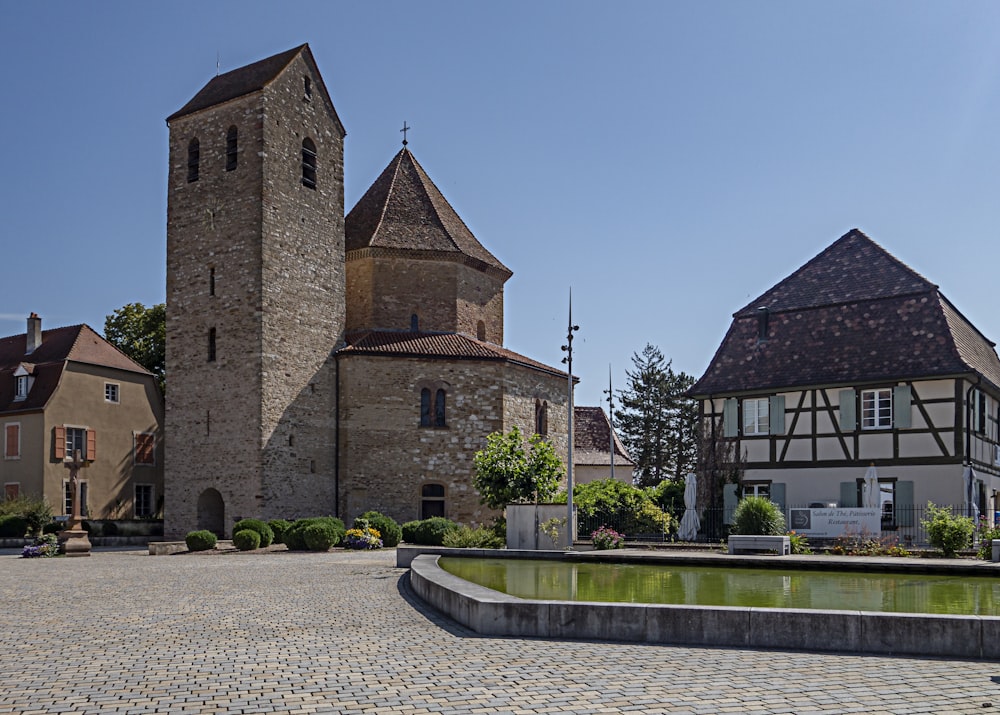 a building with a fountain in front of it