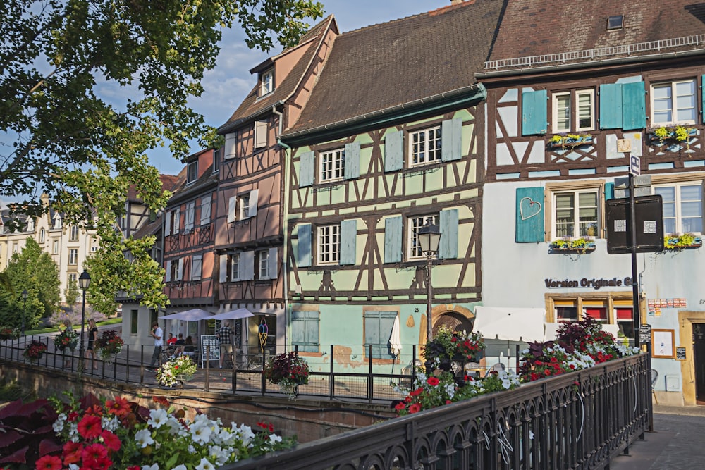 a row of buildings with flowers in front of them