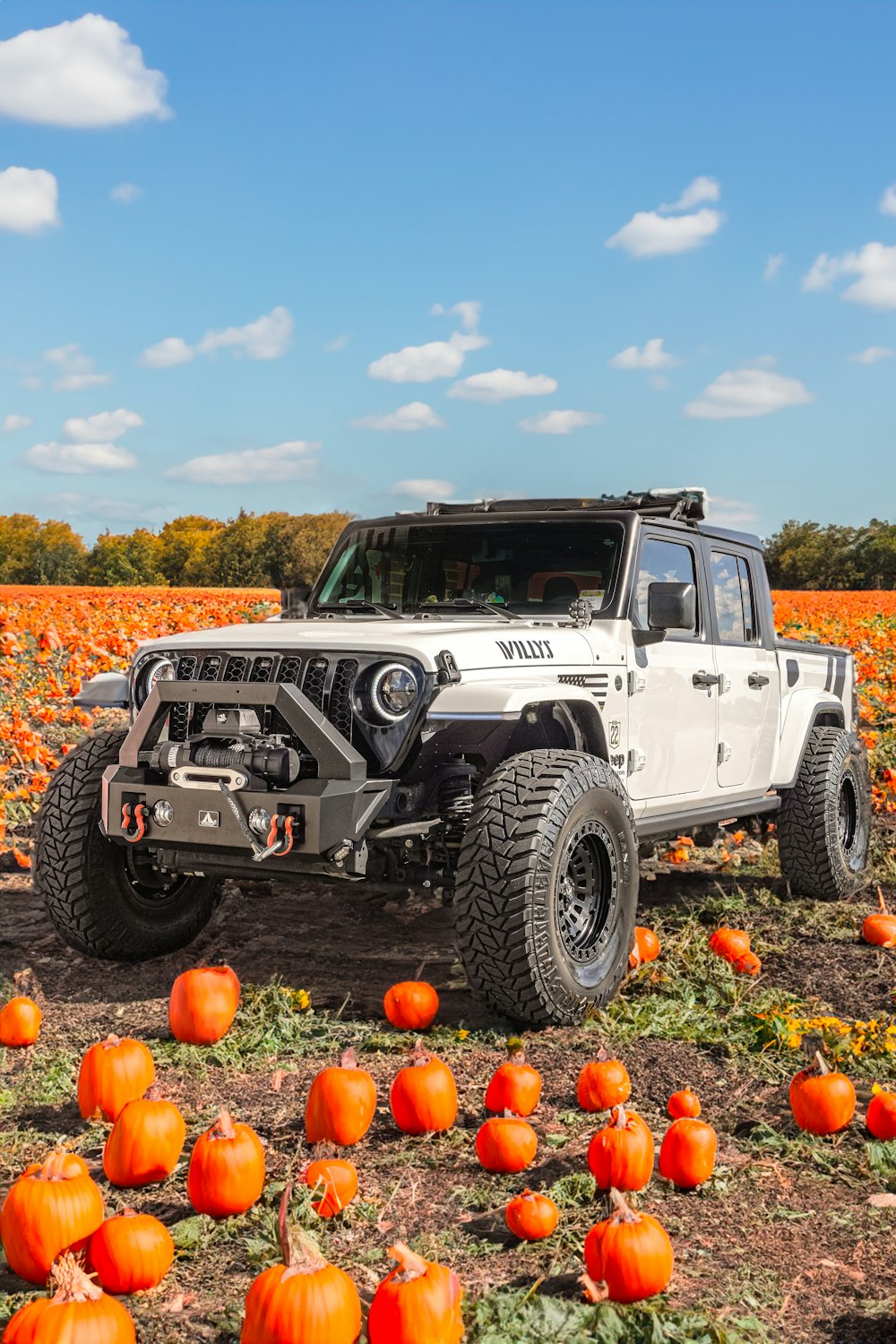 a white jeep parked in a pumpkin patch