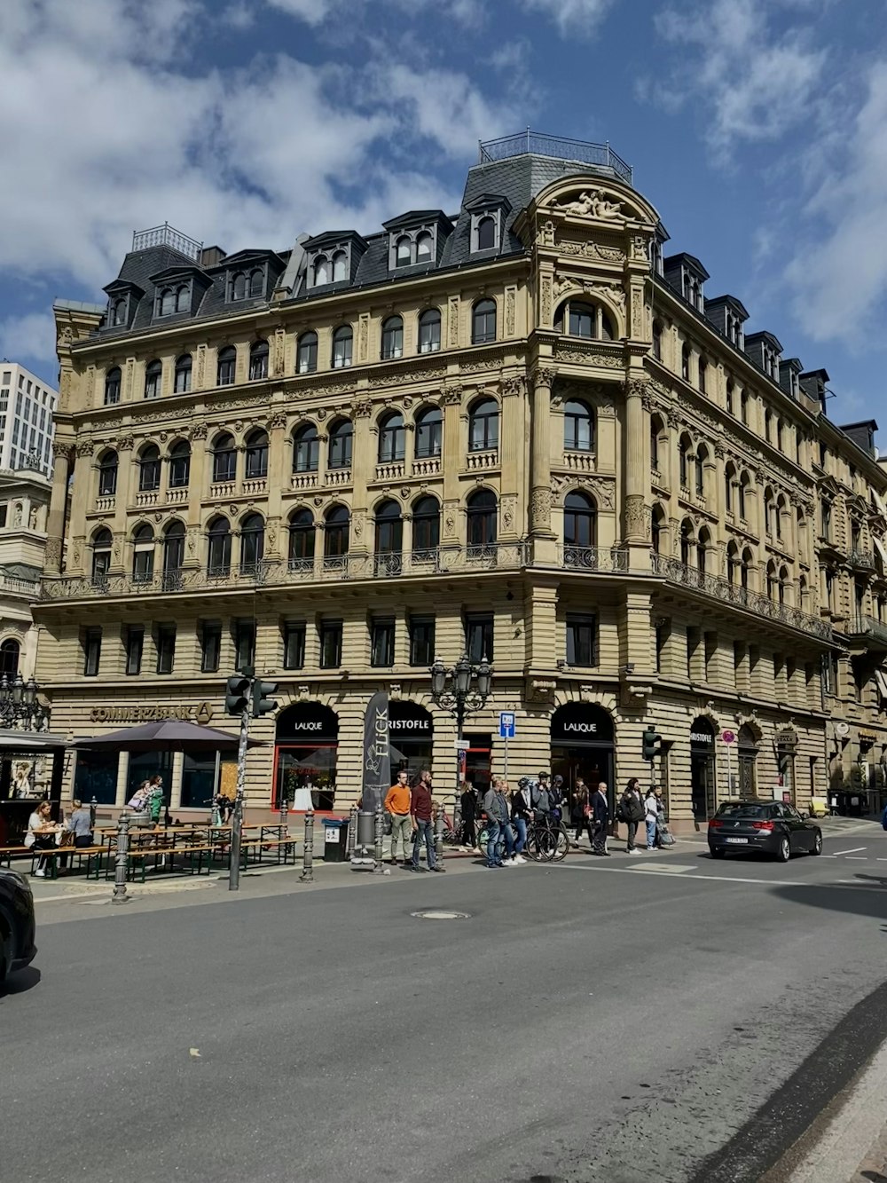 a large building on a city street corner