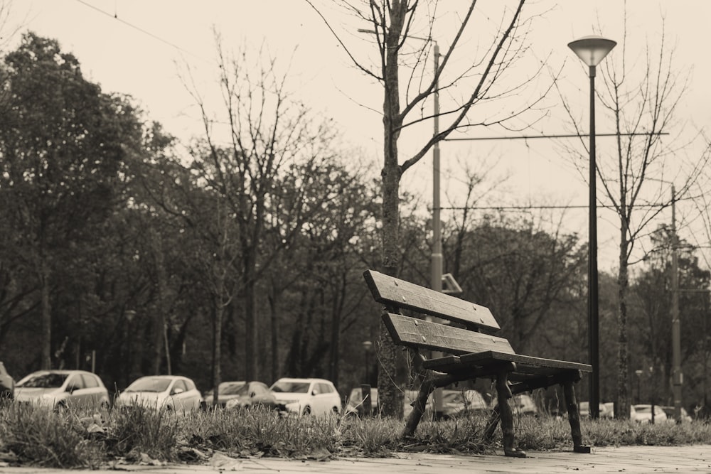 a wooden bench sitting in the middle of a park