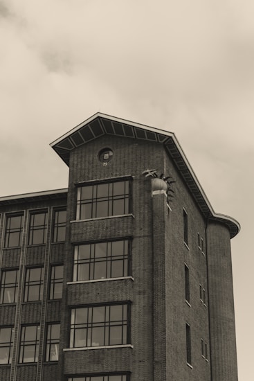 A tall brick building with modern architectural features is captured from an upward angle. The structure has several windows with a grid-like design. An unusual sculpture of a large spider is attached to the corner near the roof, adding an unexpected element to the otherwise conventional appearance of the building.