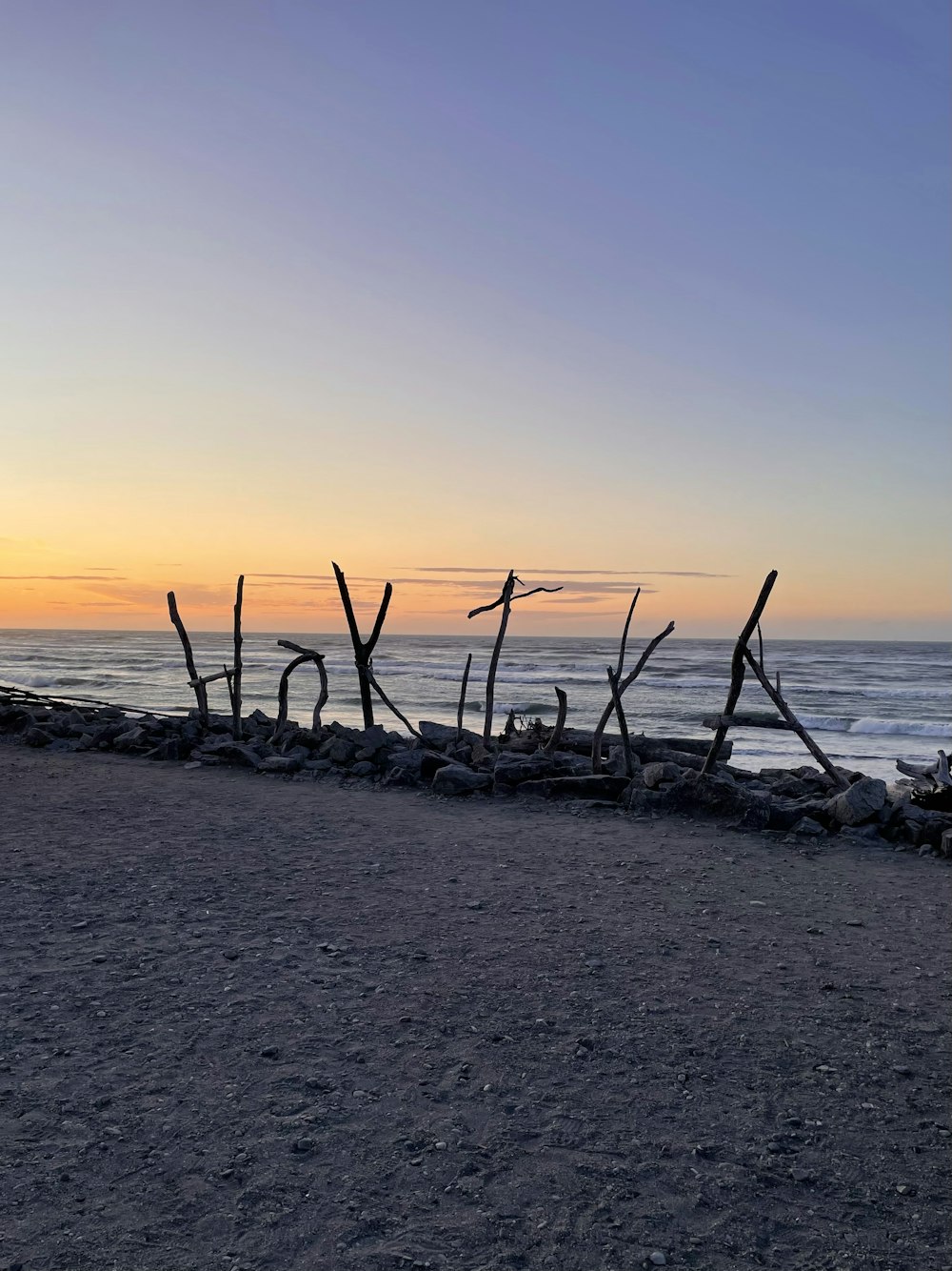 a beach at sunset with driftwood on the shore
