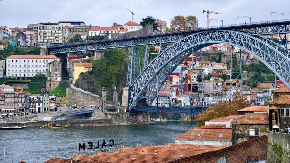 a bridge over a body of water with a city in the background