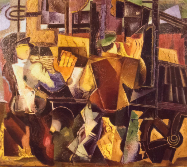 A close-up photograph of Fred Martin's vibrant terracotta and charcoal abstract painting from the 1970s.