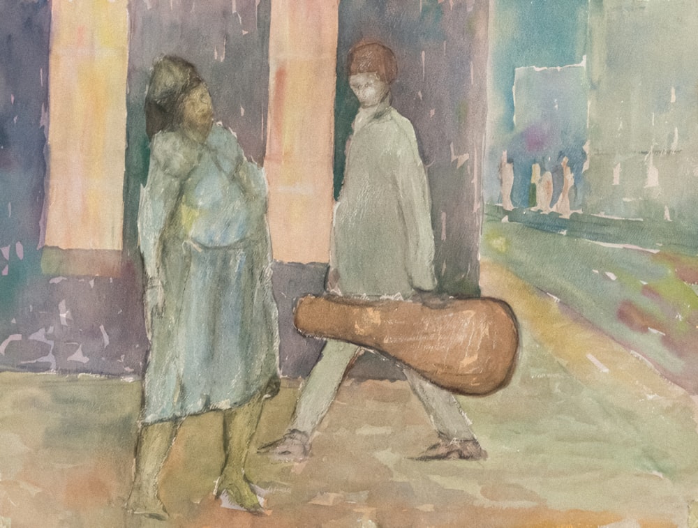 a painting of two people walking down a street