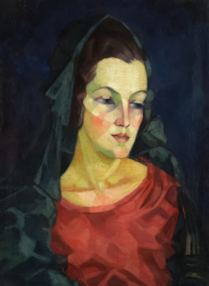 A stylized portrait of a person with a geometric and abstract design approach. The person is wearing a dark cloak or shawl over their head and shoulders. The facial features are depicted with angular shapes, and the person is dressed in a red garment. Shades of green and yellow highlight the face.
