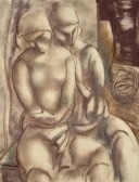 The image depicts an abstract composition featuring three stylized human figures intertwined in a tender, intimate manner. Their forms are smooth, with soft shading and gentle curves. The background contains a mix of earthy tones, lending a warm and organic feel to the piece.
