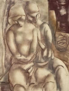 The image depicts an abstract composition featuring three stylized human figures intertwined in a tender, intimate manner. Their forms are smooth, with soft shading and gentle curves. The background contains a mix of earthy tones, lending a warm and organic feel to the piece.