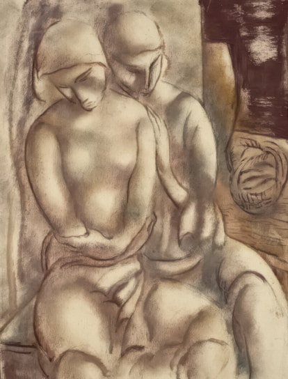 The image depicts an abstract composition featuring three stylized human figures intertwined in a tender, intimate manner. Their forms are smooth, with soft shading and gentle curves. The background contains a mix of earthy tones, lending a warm and organic feel to the piece.