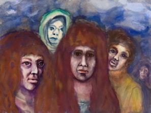 A watercolor painting depicts several faces with a surreal and ghostly appearance. The figures have large, expressive eyes and somber expressions. The colors are muted with blues, purples, and browns, creating a dreamlike, eerie atmosphere. The background appears cloudy, adding to the mysterious tone.
