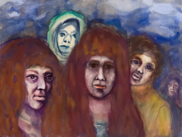 A watercolor painting depicts several faces with a surreal and ghostly appearance. The figures have large, expressive eyes and somber expressions. The colors are muted with blues, purples, and browns, creating a dreamlike, eerie atmosphere. The background appears cloudy, adding to the mysterious tone.