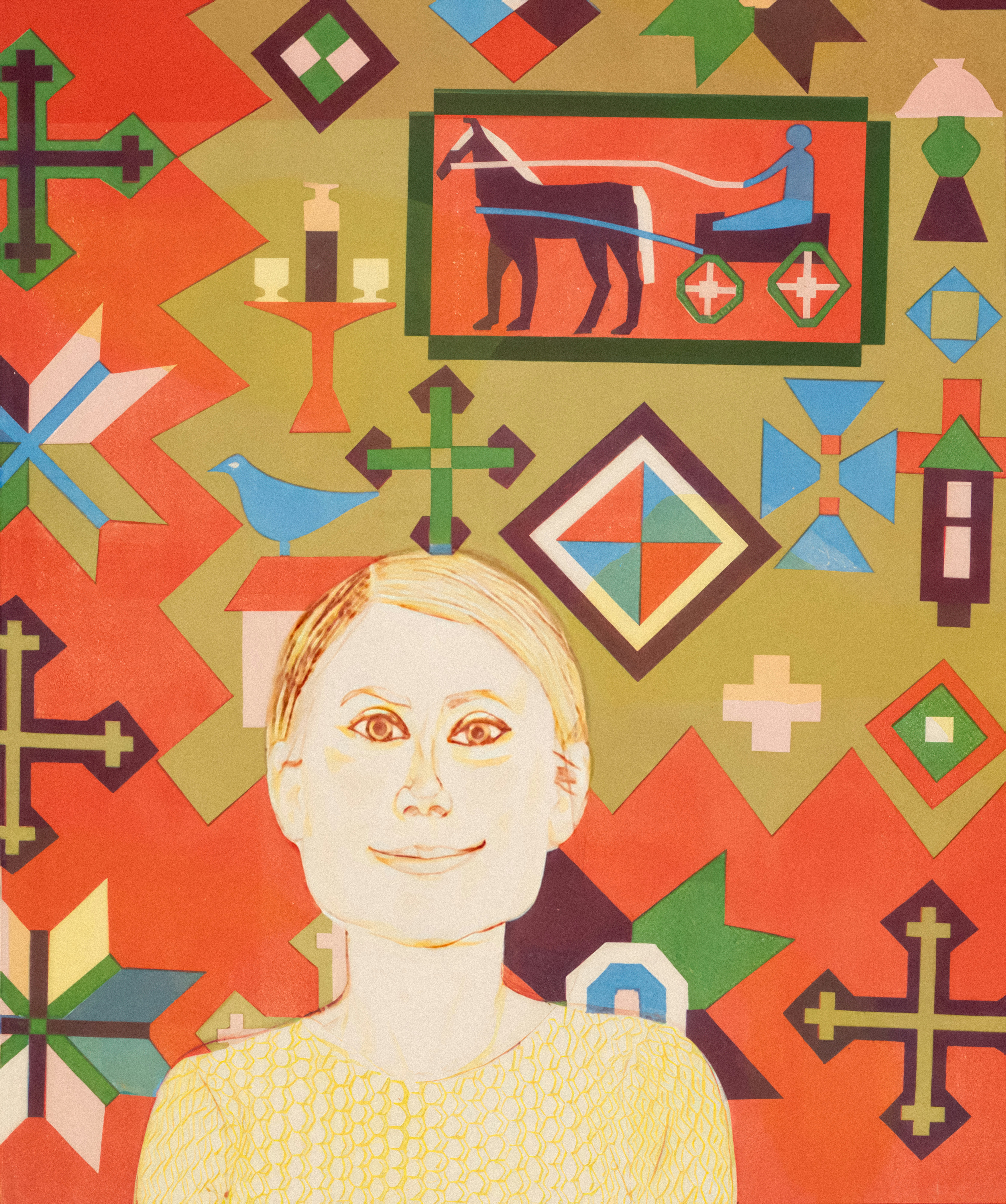 A painting of a woman standing in front of a colorful background photo ...