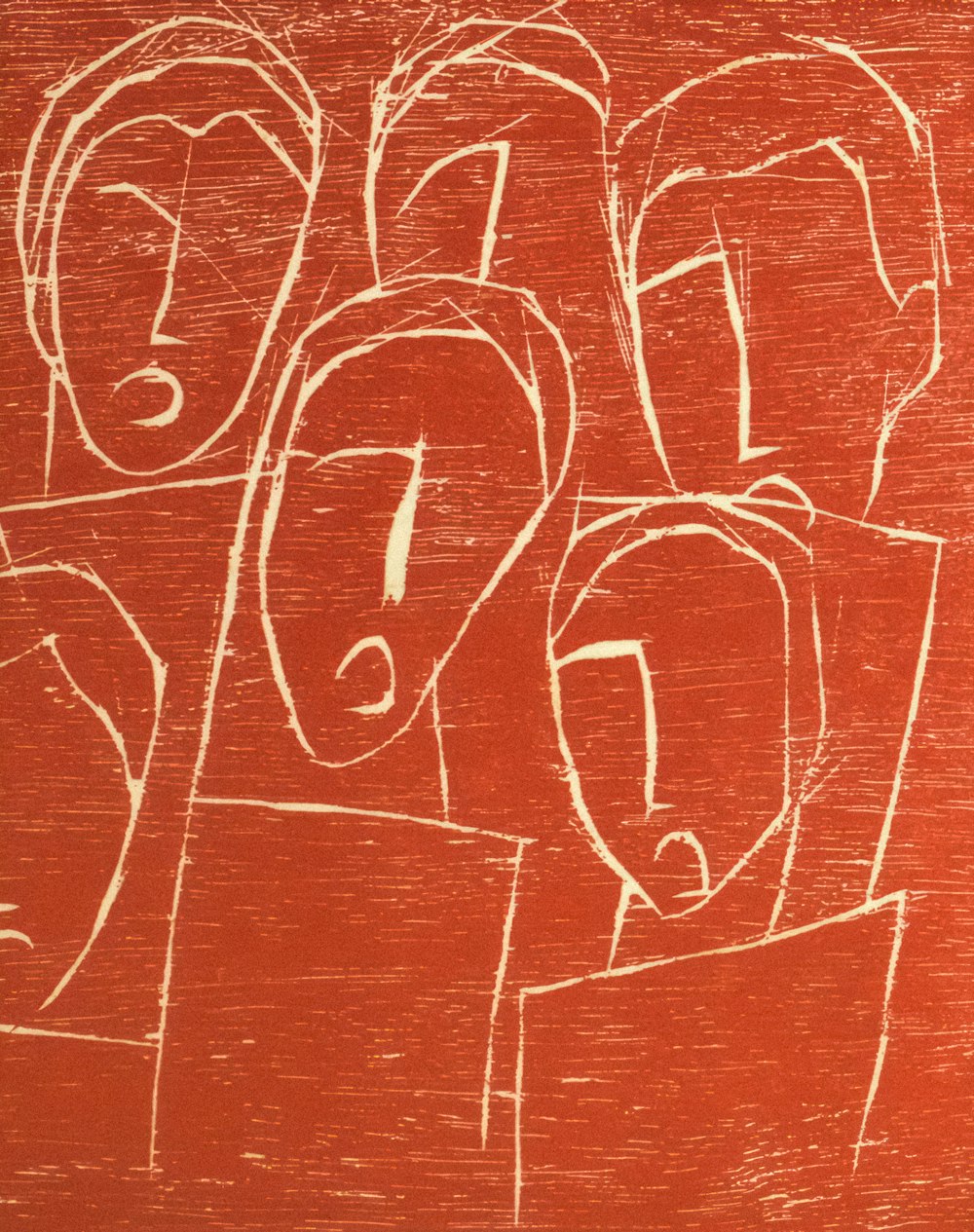 a drawing of a group of people on a red background