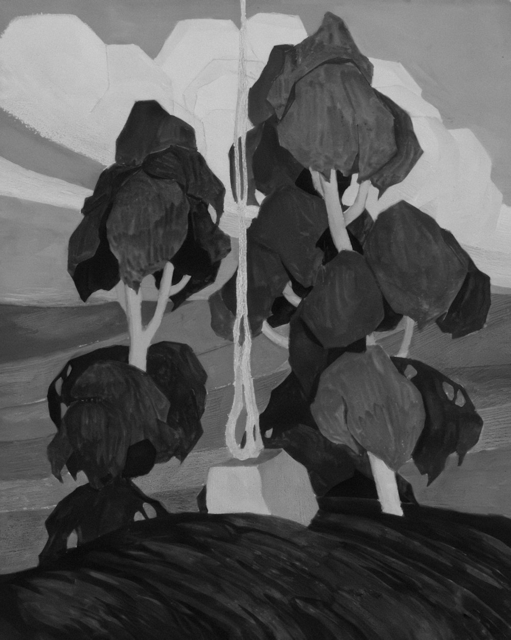 a black and white painting of trees on a hill
