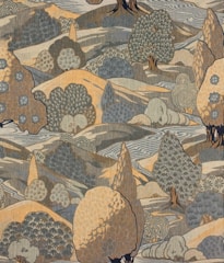 Fabric tapestry featuring a serene nature print with earthy tones.