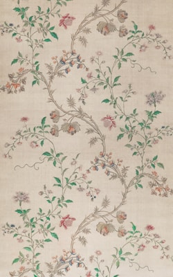 Elegant floral patterns with vines and leaves gracefully intertwined across a light beige background. Various flowers in soft reds, pinks, and blues are depicted with intricate details and delicate hues, creating a vintage or classical aesthetic.
