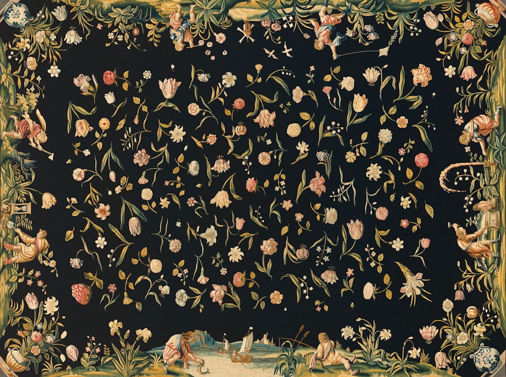 a painting of flowers and birds on a black background